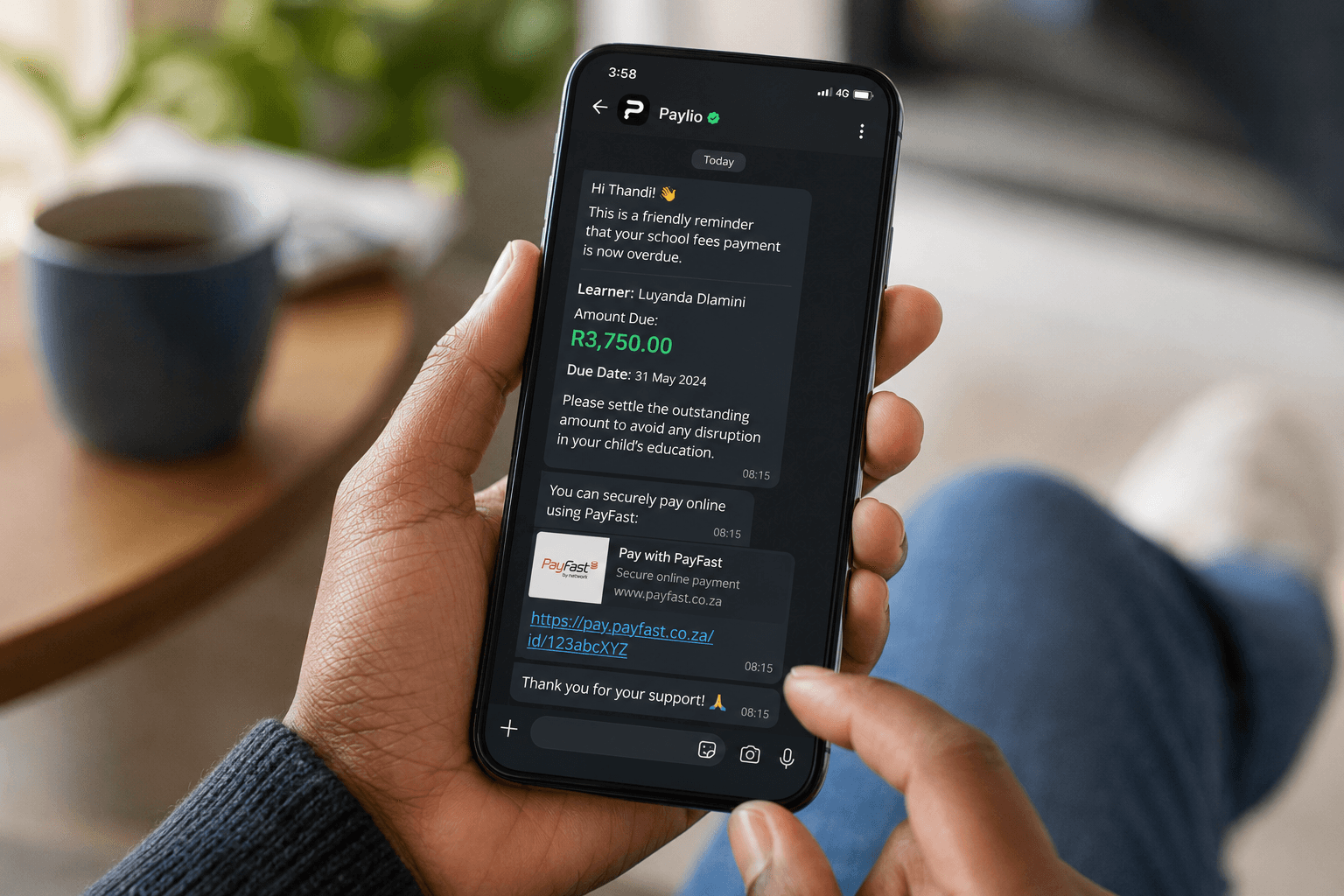 A parent receiving a WhatsApp reminder for an overdue school fee with a secure PayFast payment link