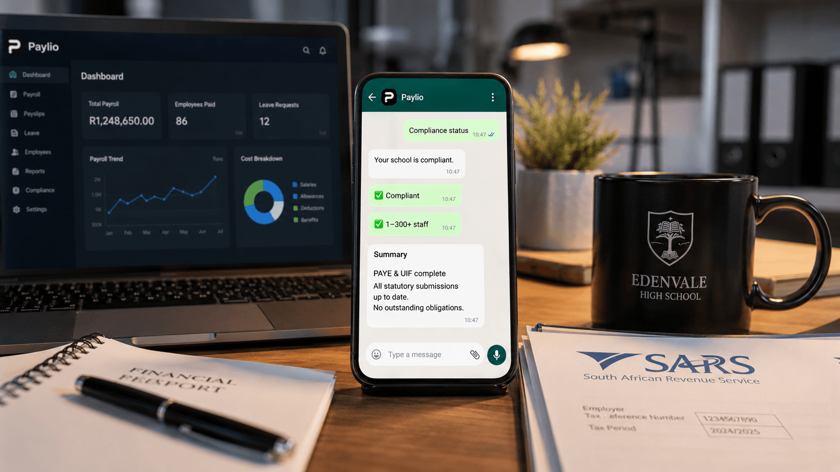 Paylio dashboard on a laptop next to a WhatsApp compliance-status chat on a phone