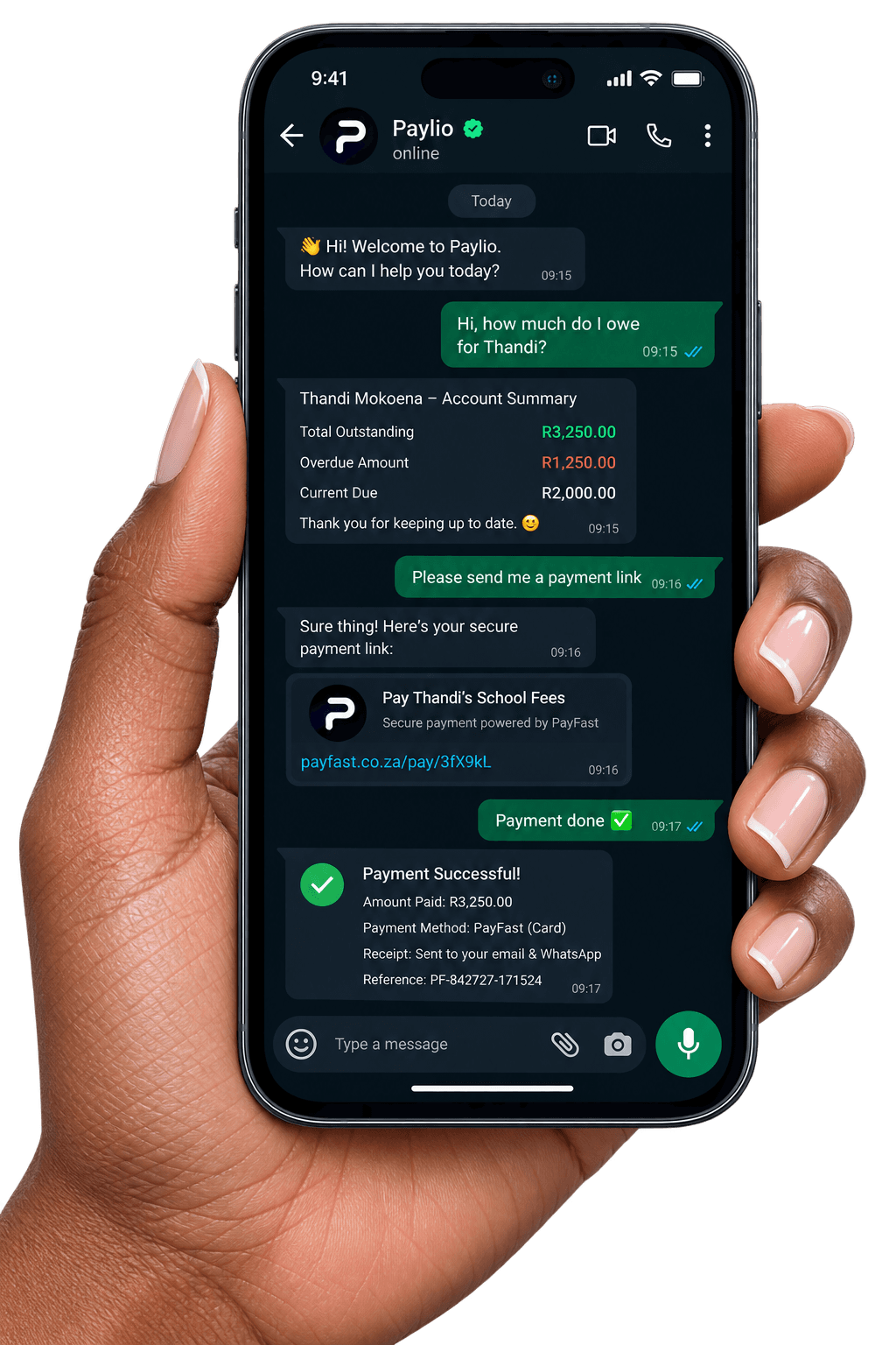 A parent asking Paylio how much they owe and paying instantly via a secure PayFast link on WhatsApp