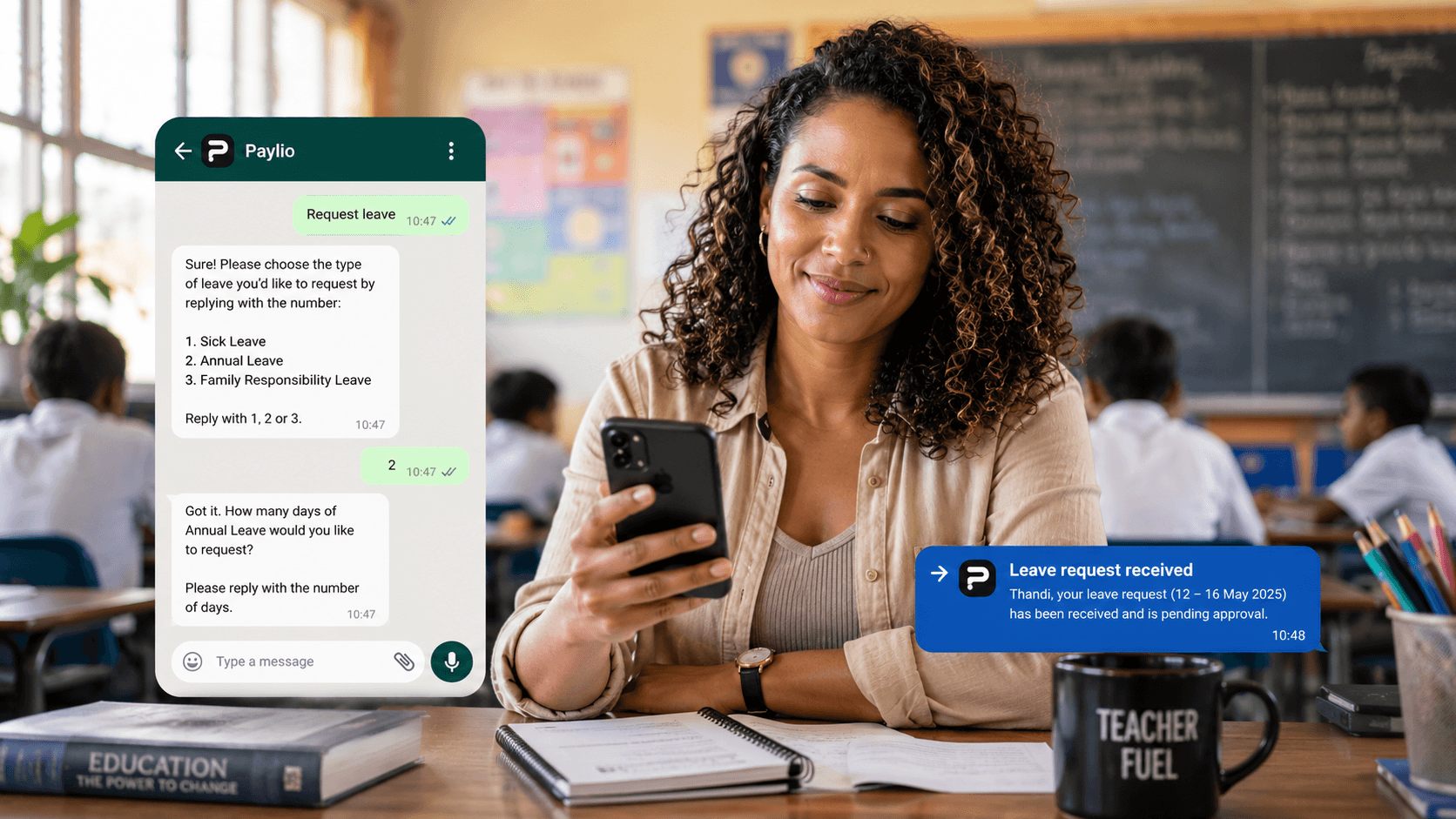A teacher submitting a leave request to Paylio on WhatsApp from her classroom