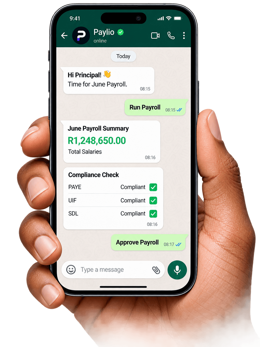 A hand holding a phone showing a Paylio WhatsApp payroll run: June payroll summary, compliance check, and approval