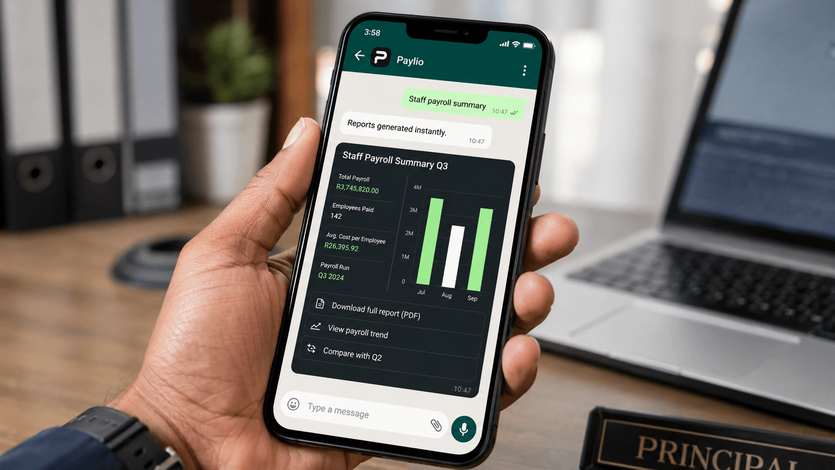 A hand holding a phone showing a Paylio staff payroll summary with a bar chart