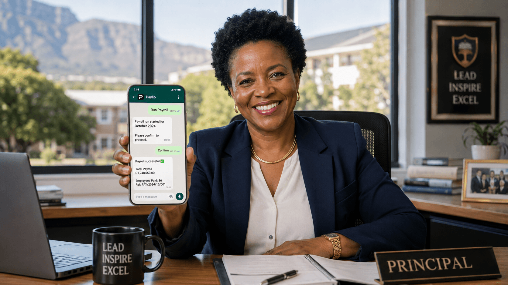 A school principal holding a phone showing a completed WhatsApp payroll run in Paylio