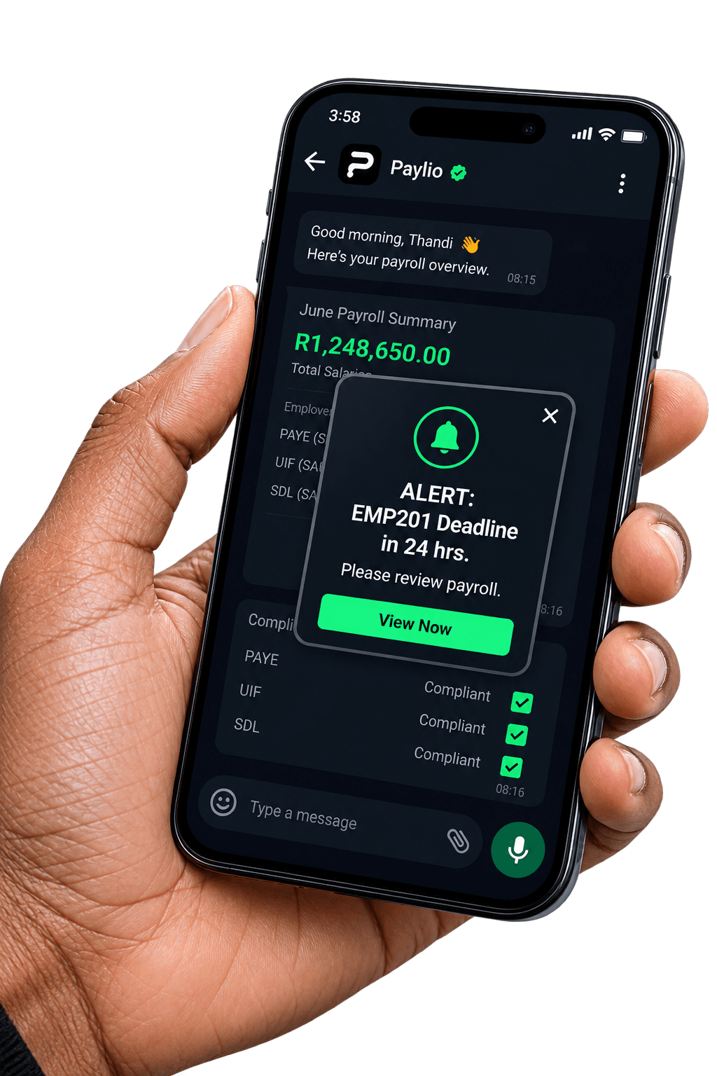 A phone showing a Paylio WhatsApp alert for an upcoming EMP201 deadline